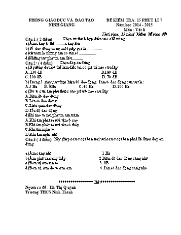 Đề kiểm tra 15 phút môn Vật lí Lớp 7 - Năm học 2014-2015 - Trường THCS Ninh Thành (Có đáp án và biểu điểm)