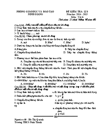 Đề kiểm tra 15 phút môn Vật lí Lớp 8 - Năm học 2014-2015 - Trường THCS Ninh Thành (Có đáp án và biểu điểm)
