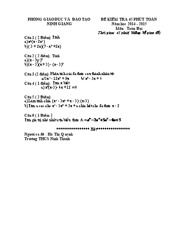 Đề kiểm tra 45 phút lần 1 môn Toán Lớp 8 - Năm học 2014-2015 - Trường THCS Ninh Thành (Có đáp án và biểu điểm)