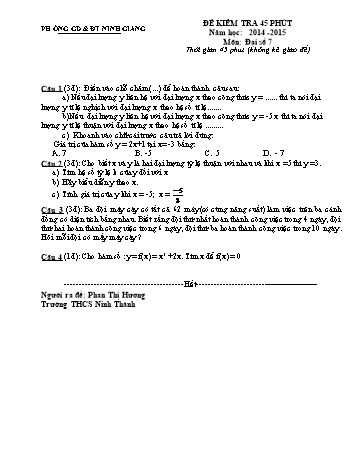 Đề kiểm tra 45 phút môn Đại số Lớp 7 - Năm học 2014-2015 - Trường THCS Ninh Thành (Có đáp án và biểu điểm)