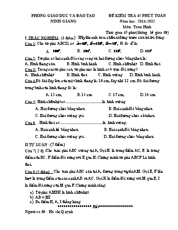 Đề kiểm tra 45 phút môn Toán Lớp 8 - Năm học 2014-2015 - Trường THCS Ninh Thành (Có đáp án và biểu điểm)