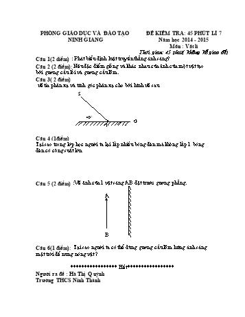 Đề kiểm tra 45 phút môn Vật lí Lớp 7 - Năm học 2014-2015 - Trường THCS Ninh Thành (Có đáp án và biểu điểm)
