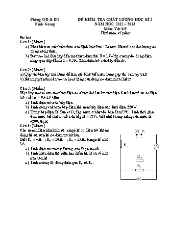 Đề kiểm tra chất lượng học kì 1 môn Vật lí Lớp 9 - Năm học 2012-2013 - Phòng GD&ĐT Ninh Giang