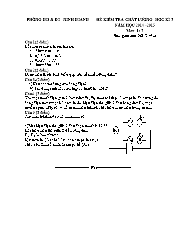 Đề kiểm tra chất lượng học kì 2 môn Vật lý Lớp 7 - Năm học 2014-2015 - Trường THCS Ninh Thành (Kèm hướng dẫn chấm)