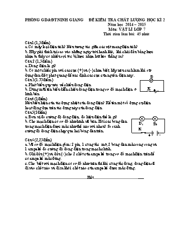 Đề kiểm tra chất lượng học kì 2 môn Vật lý Lớp 7 - Năm học 2014-2015 - Trường THCS Đồng Tâm (Kèm hướng dẫn chấm)