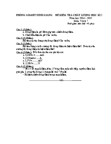 Đề kiểm tra chất lượng học kì 2 môn Vật lý Lớp 7 - Năm học 2014-2015 - Trường THCS Ninh Hoa (Kèm hướng dẫn chấm)