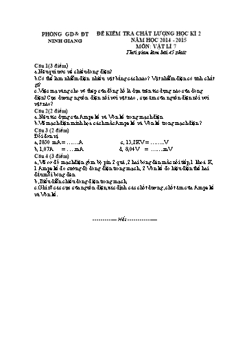 Đề kiểm tra chất lượng học kì 2 môn Vật lý Lớp 7 - Năm học 2014-2015 - Trường THCS Văn Giang (Kèm hướng dẫn chấm)