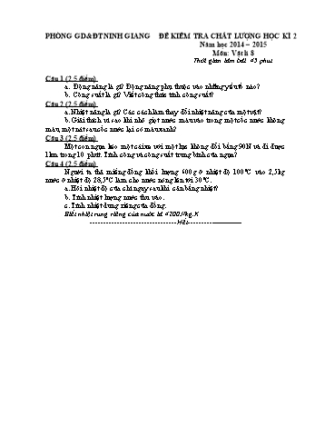 Đề kiểm tra chất lượng học kì 2 môn Vật lý Lớp 8 - Năm học 2014-2015 - Trường THCS Ninh Hoa (Kèm hướng dẫn chấm)