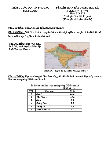 Đề kiểm tra chất lượng học kì I môn Địa lí Lớp 9 - Năm học 2012-2013 - Phòng GD&ĐT Ninh Giang