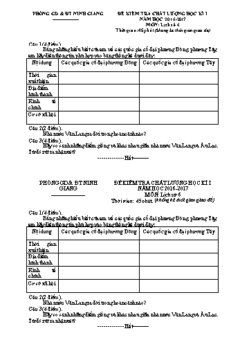 Đề kiểm tra chất lượng học kì I môn Lịch sử Lớp 6 - Năm học 2016-2017 - Phòng GD&ĐT Ninh Giang (Có đáp án)