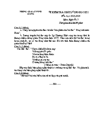 Đề kiểm tra chất lượng học kì I môn Ngữ văn Lớp 7 - Năm học 2015-2016 - Phòng GD&ĐT Ninh Giang (Kèm hướng dẫn chấm)