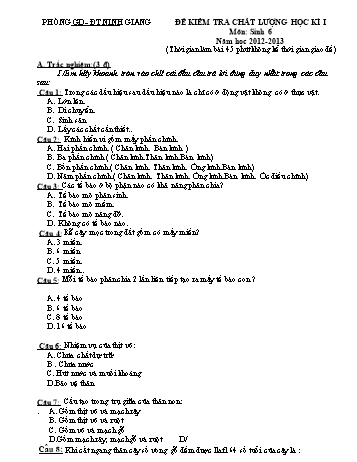 Đề kiểm tra chất lượng học kì I môn Sinh học Lớp 6 - Năm học 2012-2013 - Phòng GD&ĐT Ninh Giang