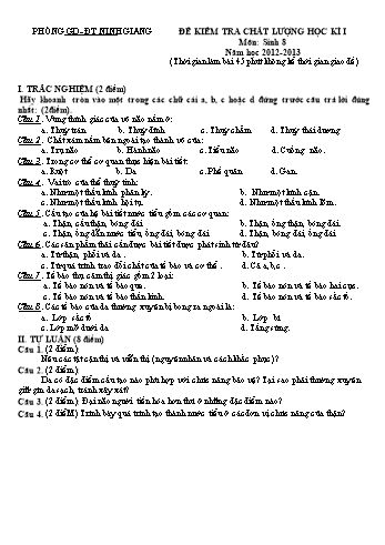 Đề kiểm tra chất lượng học kì I môn Sinh học Lớp 8 - Năm học 2012-2013 - Phòng GD&ĐT Ninh Giang