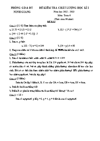 Đề kiểm tra chất lượng học kì I môn Toán Lớp 6 - Năm học 2012-2013 - Phòng GD&ĐT Ninh Giang