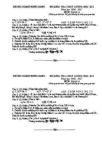 Đề kiểm tra chất lượng học kì I môn Toán Lớp 6 - Năm học 2016-2017 - Phòng GD&ĐT Ninh Giang (Kèm hướng dẫn chấm)