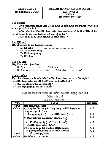 Đề kiểm tra chất lượng học kì I môn Vật lí Khối 6 - Năm học 2012-2013 - Phòng GD&ĐT Ninh Giang (Có đáp án và biểu điểm)