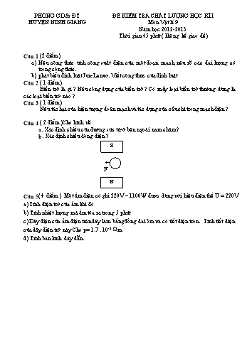 Đề kiểm tra chất lượng học kì I môn Vật lí Lớp 9 - Năm học 2012-2013 - Phòng GD&ĐT Ninh Giang (Có đáp án và biểu điểm)