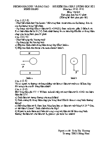 Đề kiểm tra chất lượng học kì I môn Vật lí Lớp 9 - Năm học 2012- 2013 - Phòng GD&ĐT Ninh Giang (Kèm hướng dẫn chấm)