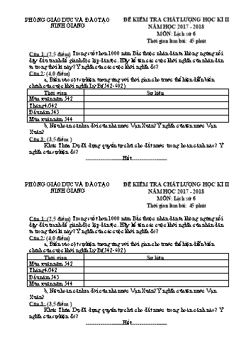 Đề kiểm tra chất lượng học kì II môn Lịch sử Lớp 6 - Năm học 2017-2018 - Phòng GD&ĐT Ninh Giang (Kèm hướng dẫn chấm)