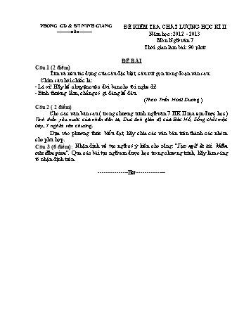 Đề kiểm tra chất lượng học kì II môn Ngữ văn Lớp 7 - Năm học 2012-2013 - Phòng GD&ĐT Ninh Giang - Đề 9 (Có đáp án và biểu điểm)