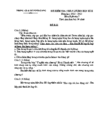 Đề kiểm tra chất lượng học kì II môn Ngữ văn Lớp 7 - Năm học 2012-2013 - Phòng GD&ĐT Ninh Giang - Đề 6 (Có đáp án và biểu điểm)
