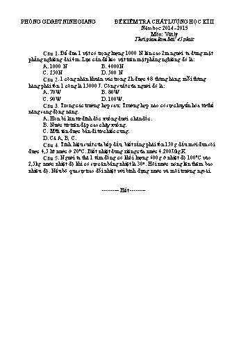 Đề kiểm tra chất lượng học kì II môn Vật lý Lớp 8 - Năm học 2014-2015 - Trường THCS Hồng Dụ (Kèm hướng dẫn chấm)