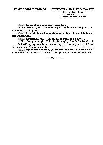 Đề kiểm tra chất lượng học kì II môn Vật lý Lớp 9 - Năm học 2014-2015 - Trường THCS Hồng Dụ (Kèm hướng dẫn chấm)