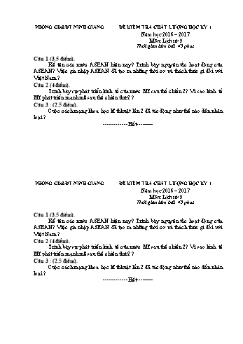 Đề kiểm tra chất lượng học kỳ 1 môn Lịch sử Lớp 9 - Năm học 2016-2017 - Phòng GD&ĐT Ninh Giang (Kèm hướng dẫn chấm)