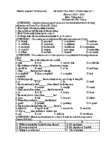 Đề kiểm tra chất lượng học kỳ 1 môn Tiếng Anh Lớp 9 - Năm học 2015-2016 - Phòng GD&ĐT Ninh Giang (Kèm hướng dẫn chấm)