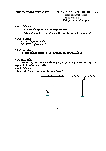 Đề kiểm tra chất lượng học kỳ 2 môn Vật lí Lớp 6 - Năm học 2014-2015 - Phòng GD&ĐT Ninh Giang (Kèm hướng dẫn chấm)