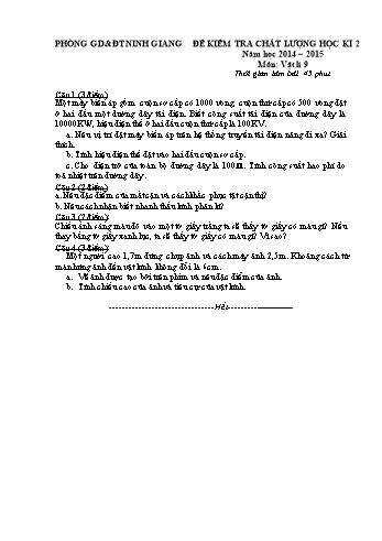 Đề kiểm tra chất lượng học kỳ 2 môn Vật lí Lớp 9 - Năm học 2014-2015 - Trường THCS Ninh Hoa (Kèm hướng dẫn chấm)