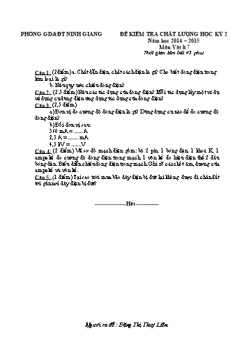 Đề kiểm tra chất lượng học kỳ 2 môn Vật lý Lớp 7 - Năm học 2014-2015 - Trường THCS Vĩnh Hòa (Kèm hướng dẫn chấm)
