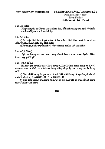 Đề kiểm tra chất lượng học kỳ 2 môn Vật lý Lớp 8 - Năm học 2014-2015 - Phòng GD&ĐT Ninh Giang (Kèm hướng dẫn chấm)