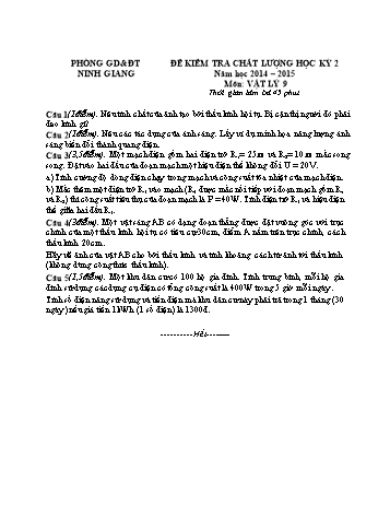 Đề kiểm tra chất lượng học kỳ 2 môn Vật lý Lớp 9 - Năm học 2014-2015 - Trường THCS Hưng Long (Kèm hướng dẫn chấm)