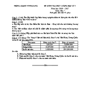 Đề kiểm tra chất lượng học kỳ I môn Địa lí Lớp 7 - Năm học 2016-2017 - Phòng GD&ĐT Ninh Giang (Kèm hướng dẫn chấm)