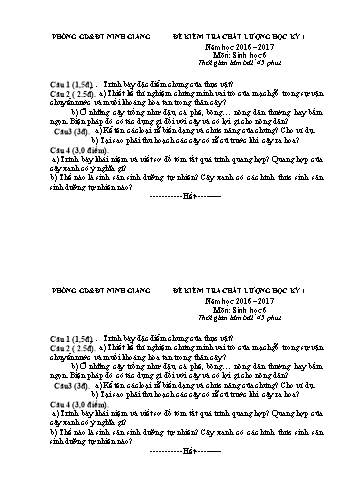Đề kiểm tra chất lượng học kỳ I môn Sinh học Lớp 6 - Năm học 2016-2017 - Phòng GD&ĐT Ninh Giang (Kèm hướng dẫn chấm)
