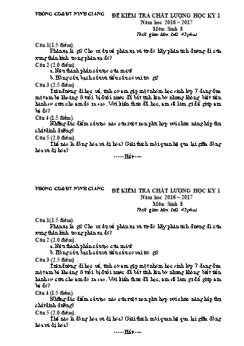 Đề kiểm tra chất lượng học kỳ I môn Sinh học Lớp 8 - Năm học 2016-2017 - Phòng GD&ĐT Ninh Giang (Kèm hướng dẫn chấm)