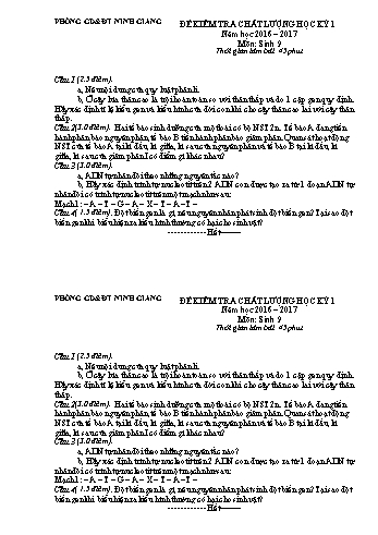 Đề kiểm tra chất lượng học kỳ I môn Sinh học Lớp 9 - Năm học 2016-2017 - Phòng GD&ĐT Ninh Giang (Kèm hướng dẫn chấm)