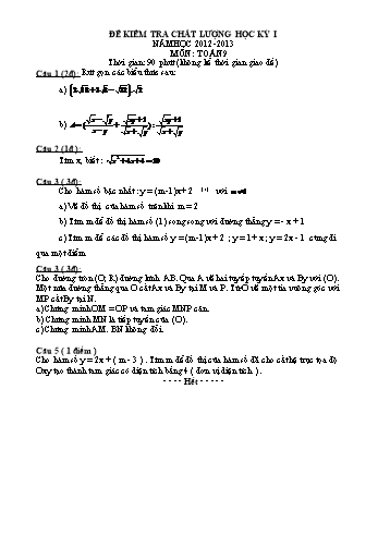 Đề kiểm tra chất lượng học kỳ I môn Toán Lớp 9 - Năm học 2012-2013