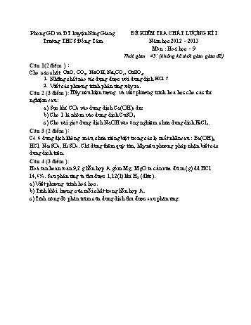 Đề kiểm tra chất lượng kì I môn Hoá học Lớp 9 - Năm học 2012-2013 - Trường THCS Đồng Tâm