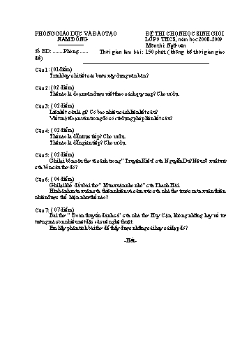 Đề kiểm tra chọn học sinh giỏi môn Ngữ văn Lớp 9 THCS - Phòng GD&ĐT Nam Đồng (Kèm hướng dẫn chấm)