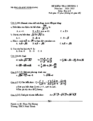 Đề kiểm tra chương I môn Đại số Lớp 9 - Năm học 2014-2015 - Trường THCS Ninh Thành (Có đáp án và biểu điểm)