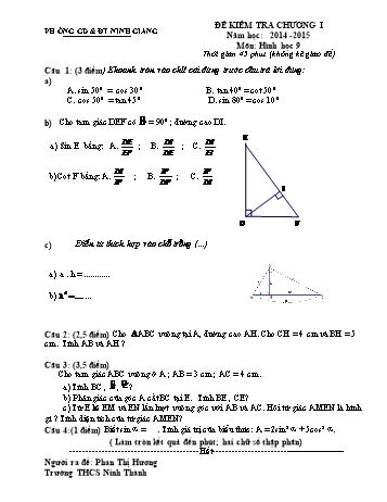 Đề kiểm tra chương I môn Hình học Lớp 9 - Năm học 2014-2015 - Trường THCS Ninh Thành (Có đáp án và biểu điểm)