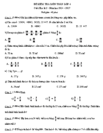 Đề kiểm tra cuối học kì 2 môn Toán Lớp 4 - Năm học 2016-2017 (Có đáp án và biểu điểm)
