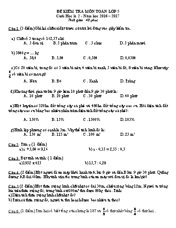 Đề kiểm tra cuối học kì 2 môn Toán Lớp 5 - Năm học 2016-2017 (Có đáp án và biểu điểm)