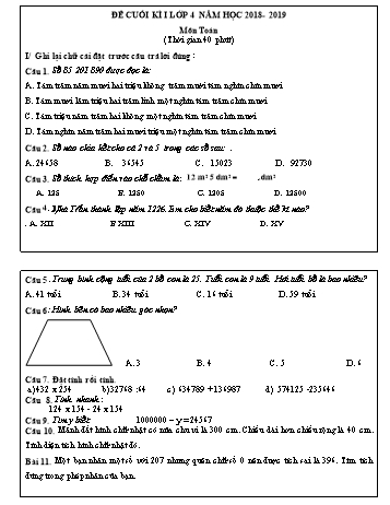 Đề kiểm tra cuối kì I môn Toán Lớp 4 - Năm học 2018-2019