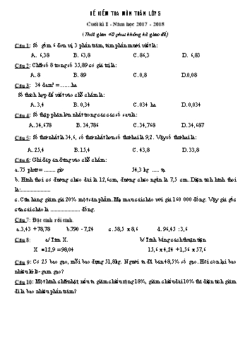 Đề kiểm tra cuối kì I môn Toán, Tiếng Việt Lớp 5 - Năm học 2017-2018 (Có đáp án)
