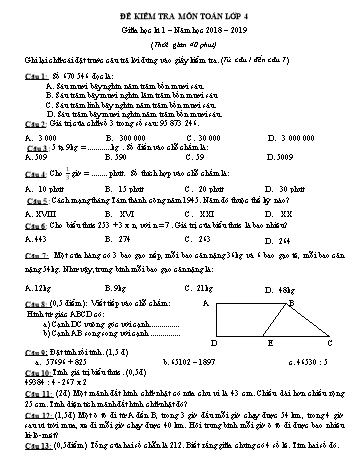 Đề kiểm tra giữa học kì 1 môn Toán Lớp 4 - Năm học 2018-2019