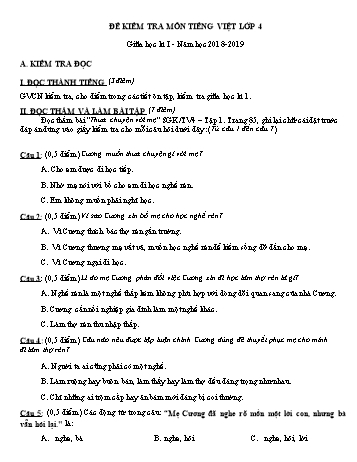 Đề kiểm tra giữa học kì I môn Tiếng Việt Lớp 4 - Năm học 2018-2019 (Có đáp án và hướng dẫn chấm)