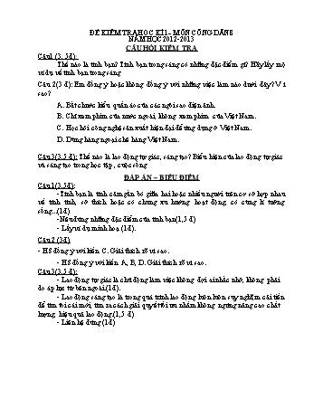 Đề kiểm tra học kì 1 môn Giáo dục công dân Lớp 8 - Năm học 2012-2013 (Có đáp án và biểu điểm)